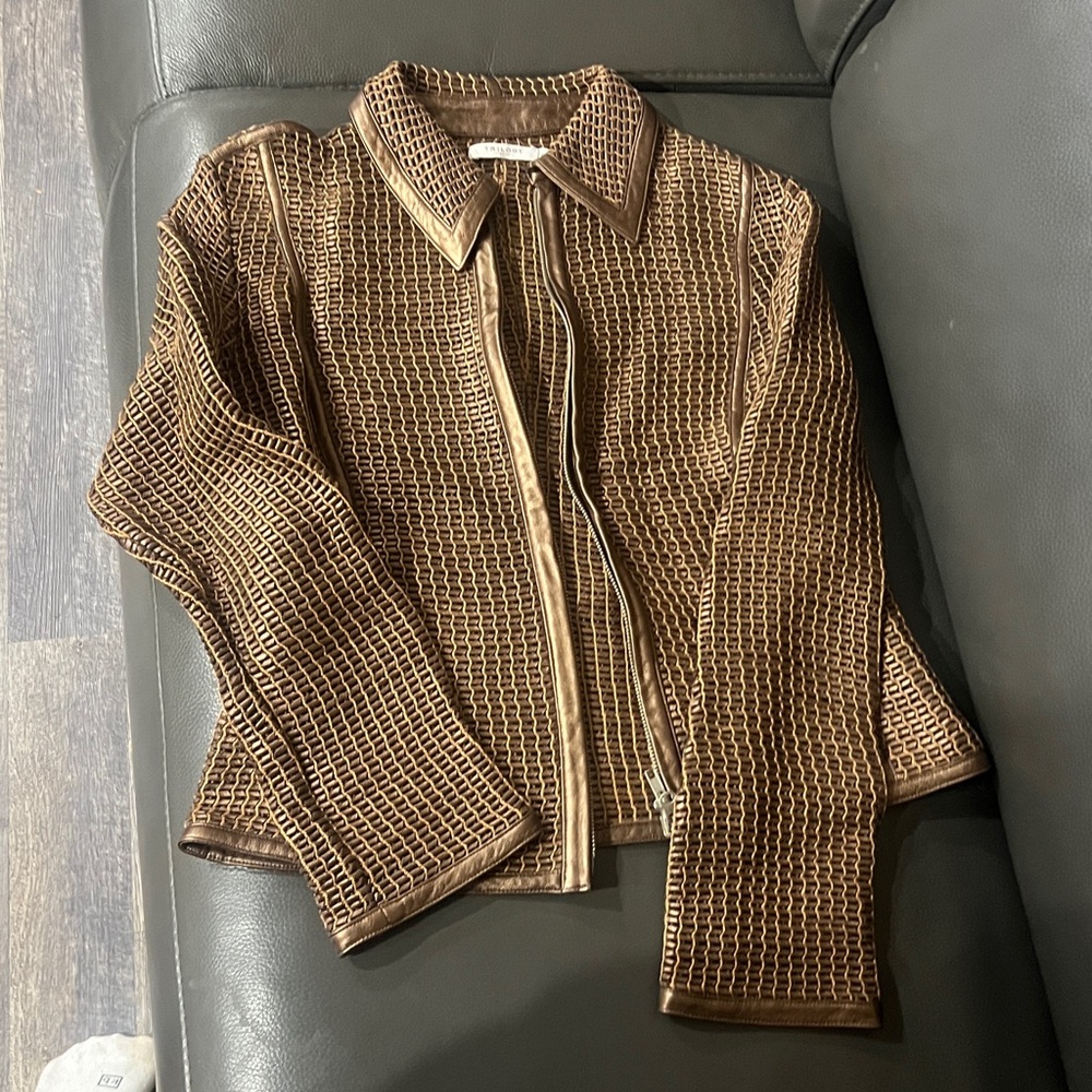 TRILOGY 
Brown Textured leather Zip-Up Jacket